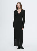 Elegant and intellectual triacetate Tencel blended skin-friendly transparent splicing design V-neck dress-0