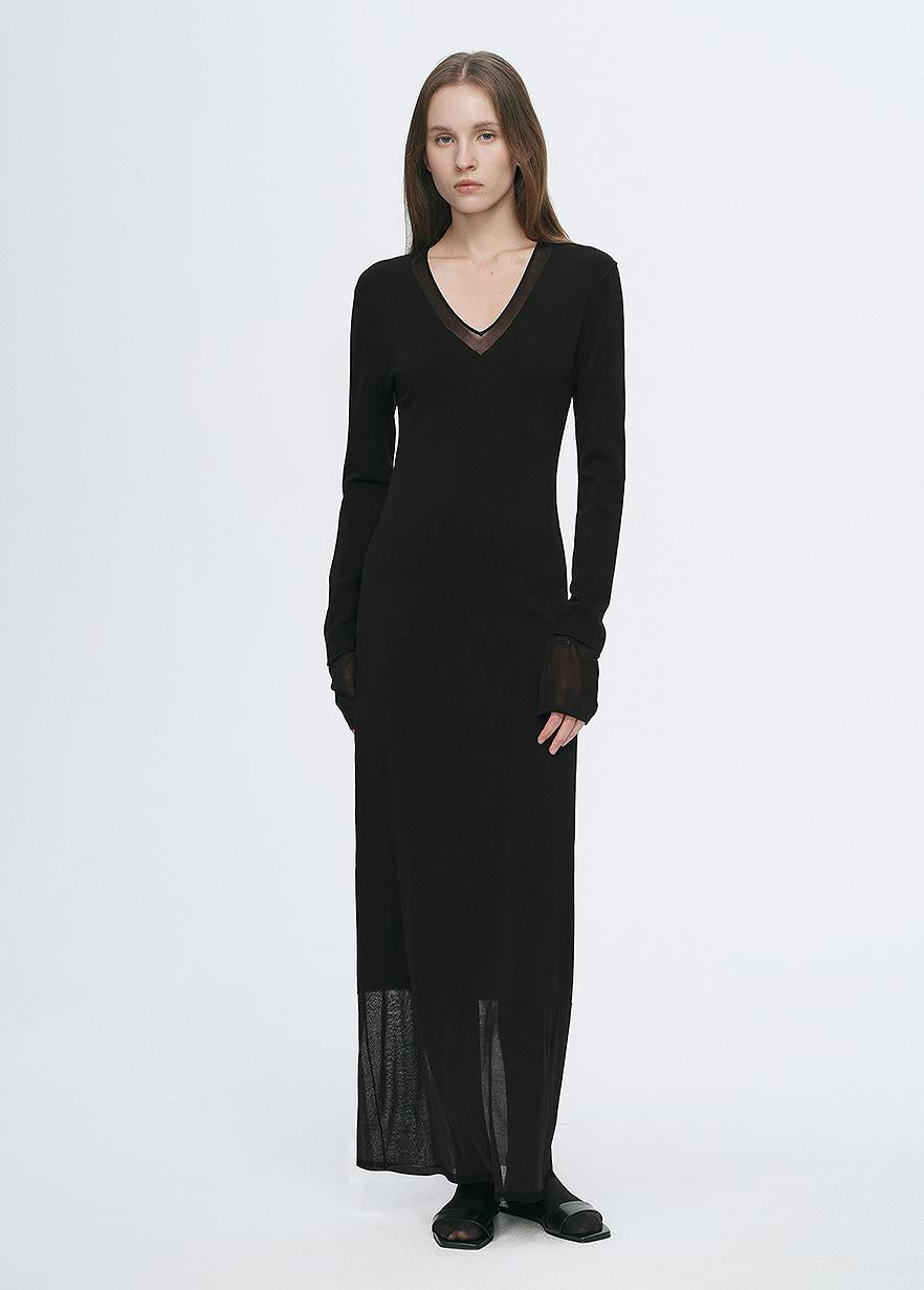 Elegant and intellectual triacetate Tencel blended skin-friendly transparent splicing design V-neck dress-0