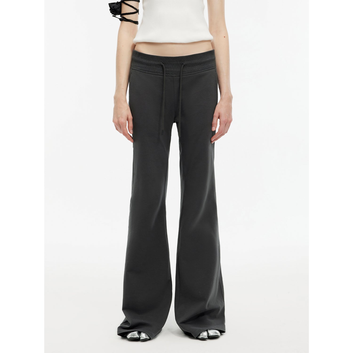 "American High Street" air-spun OE cotton fashionable low-rise fit wide waist drawstring flared pants-5