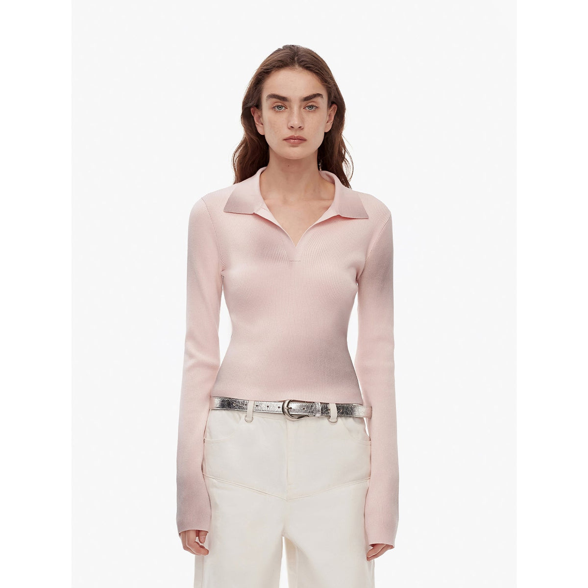 "Artistic Abstract" sfumato distressed printed merino wool waisted polo collar long sleeve short knit sweater-5