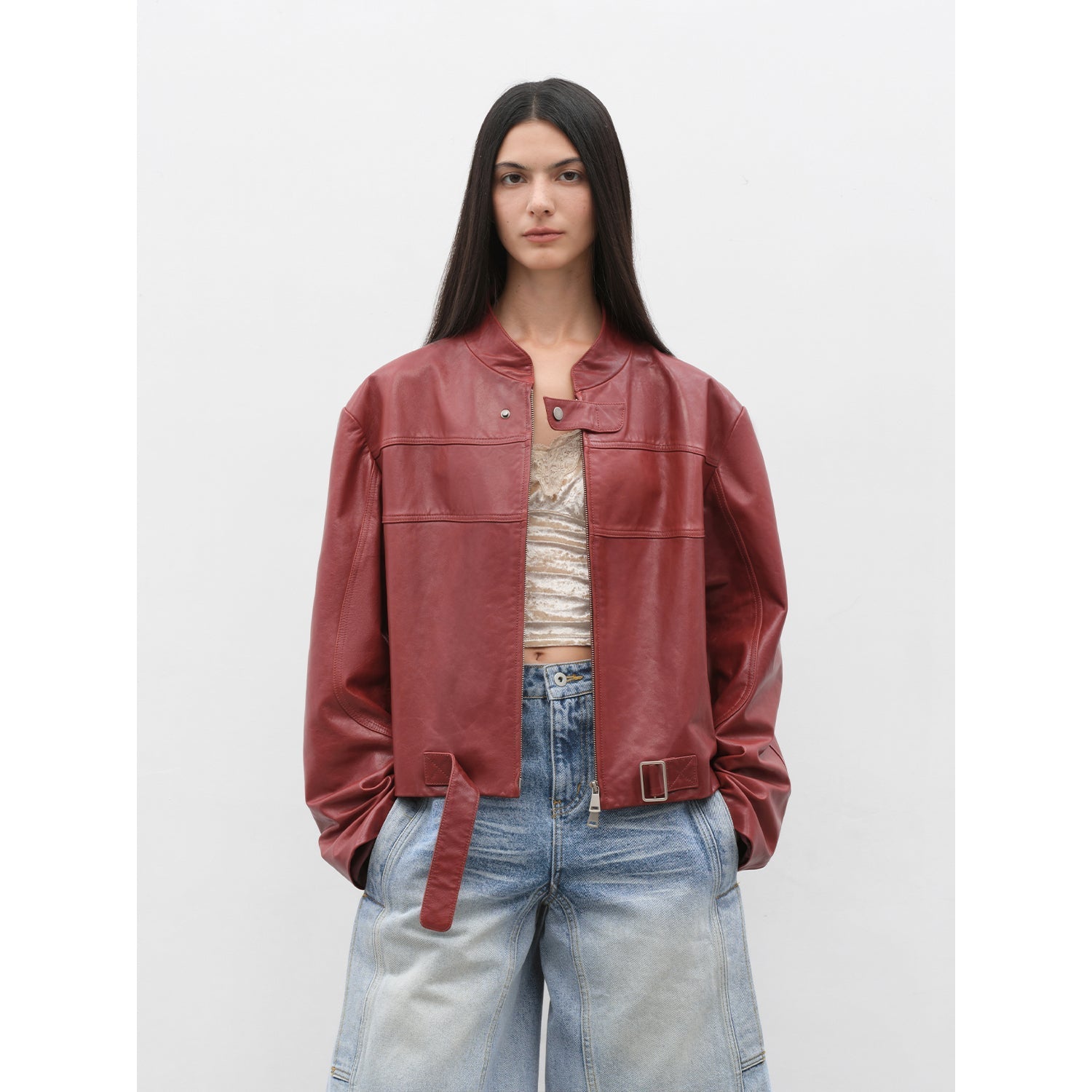 Caramel Mountain Retro Leather Stand Collar Short Motorcycle Jacket-5