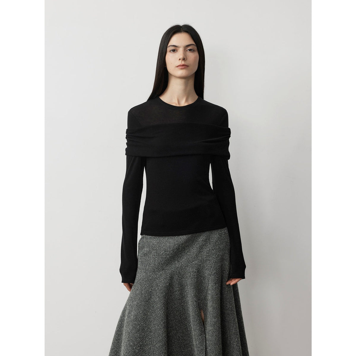 "Modern Tricks" personalized layered Tencel wool fake two-piece splicing one-shoulder versatile knitted top-6