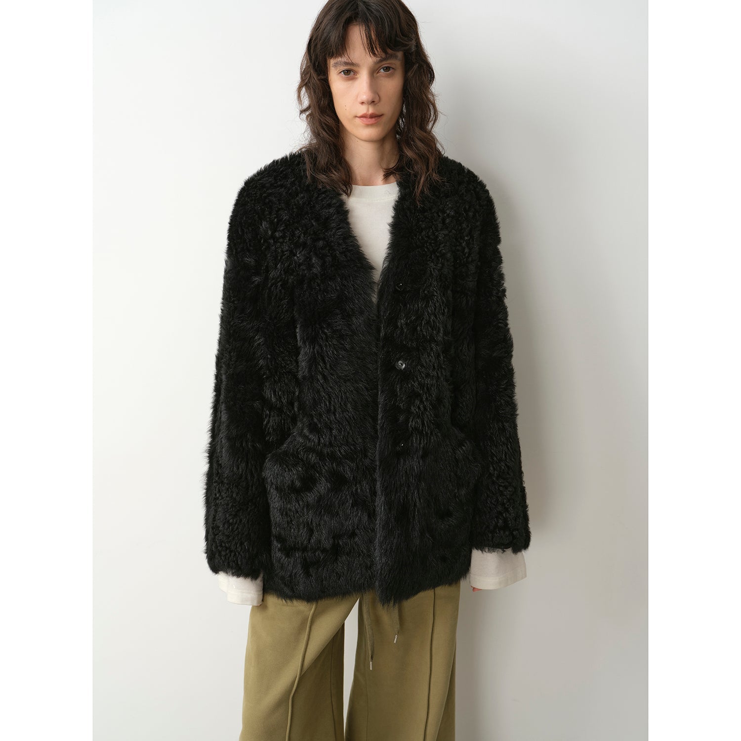 Castle Dusk Fashionable Casual V-neck Italian Tuscan Sheepskin Coat-7