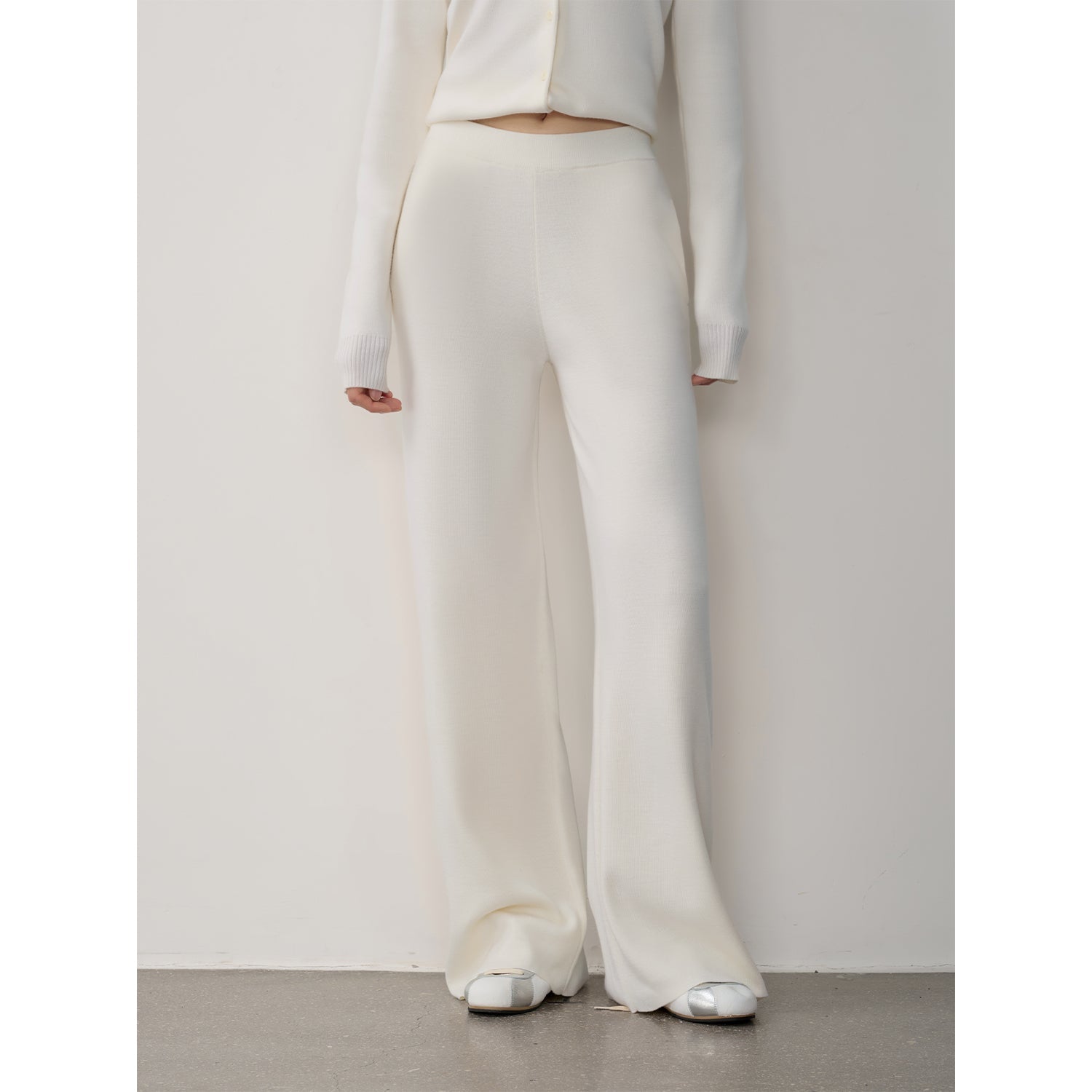 "Lazy urban" Yangtze Merino wool polo-neck cardigan straight-leg knitted pants suit-1