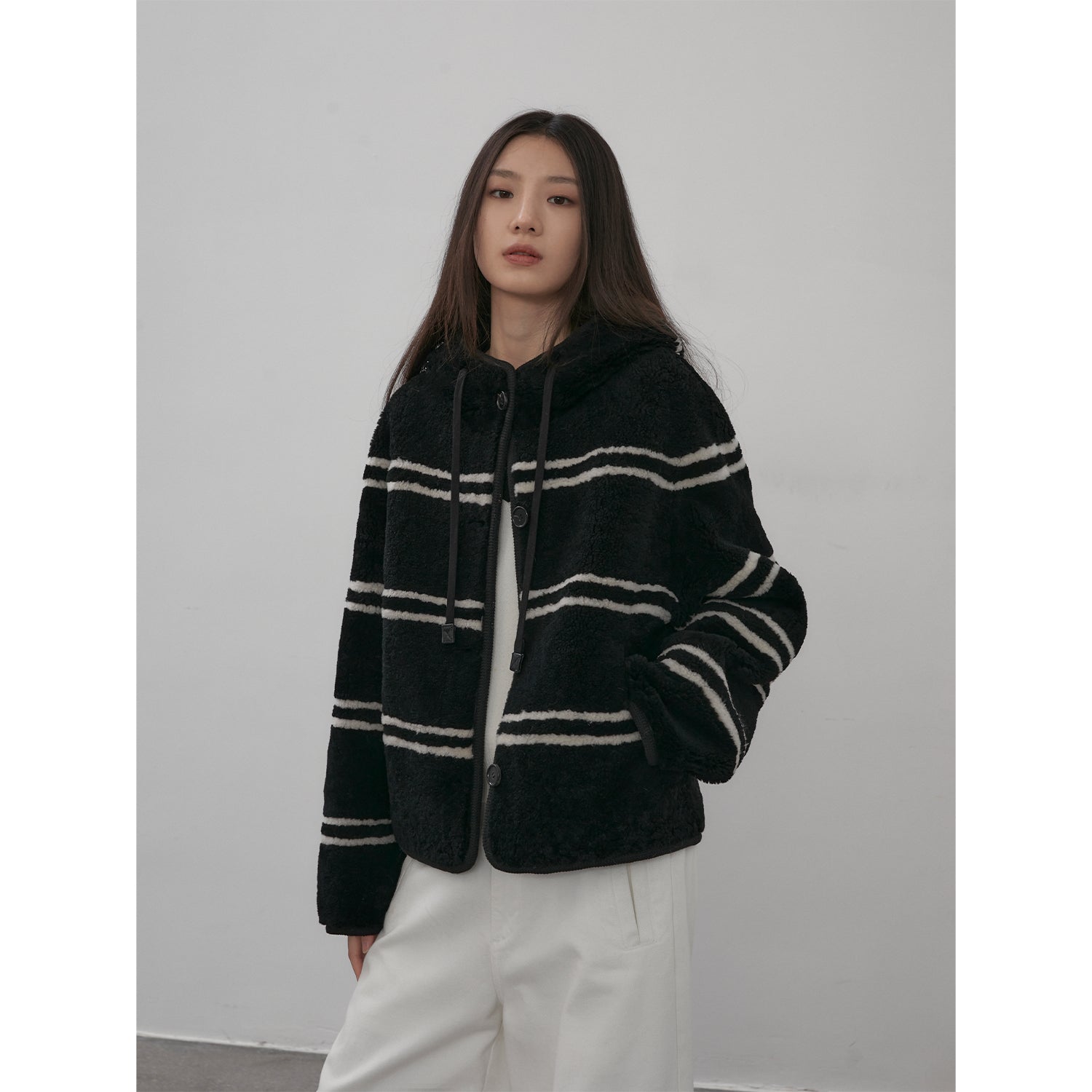 Snowy New Year Merino Sheepskin Lamb Wool Striped Jacket-6