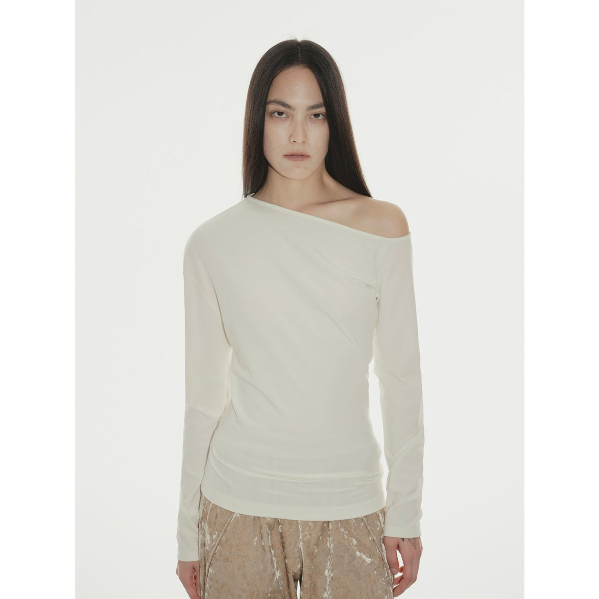 "Fashionable Street" Off-shoulder Slim Fit Lyocell Tencel Wool Long Sleeve T-shirt-5