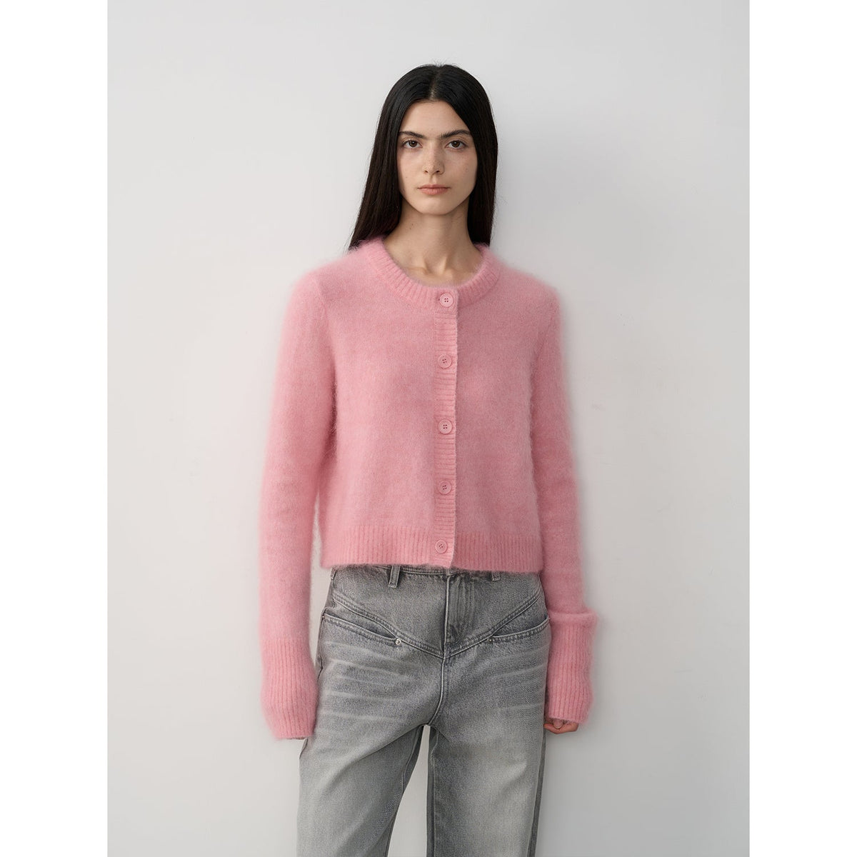 "Relaxation Notes" High-Proportion Mohair Knit Cardigan Women's Loose Short Round Neck Sweater Jacket-6
