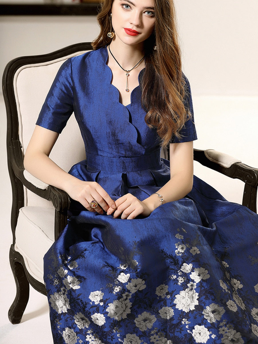 Blue short sleeves floral jacquard A-line mom dress-3