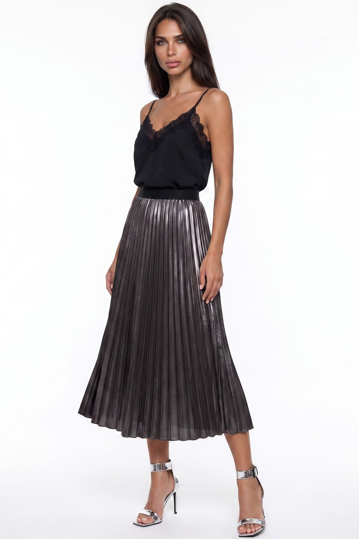 Black Satin Pleated Midi Skirt-2