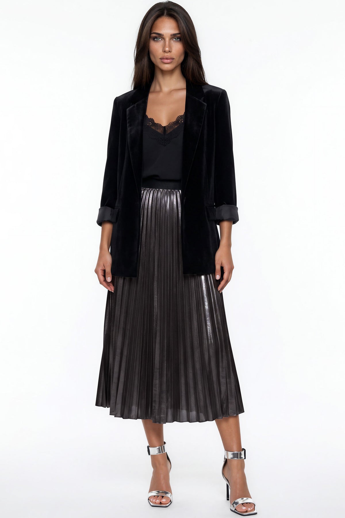Black Satin Pleated Midi Skirt-0