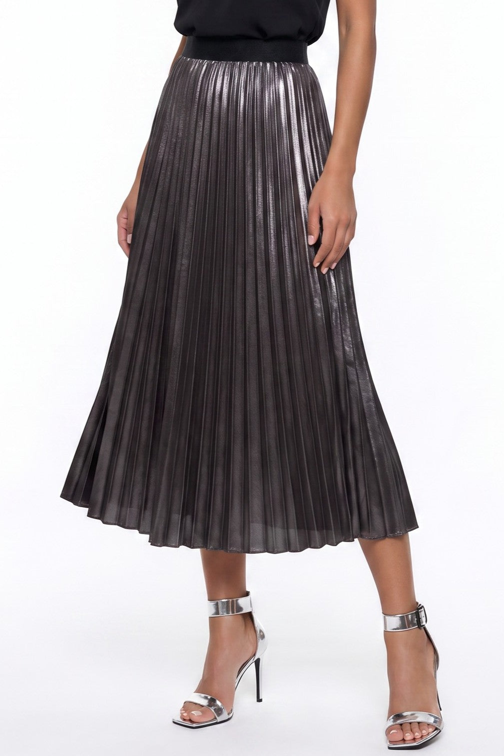 Black Satin Pleated Midi Skirt-1
