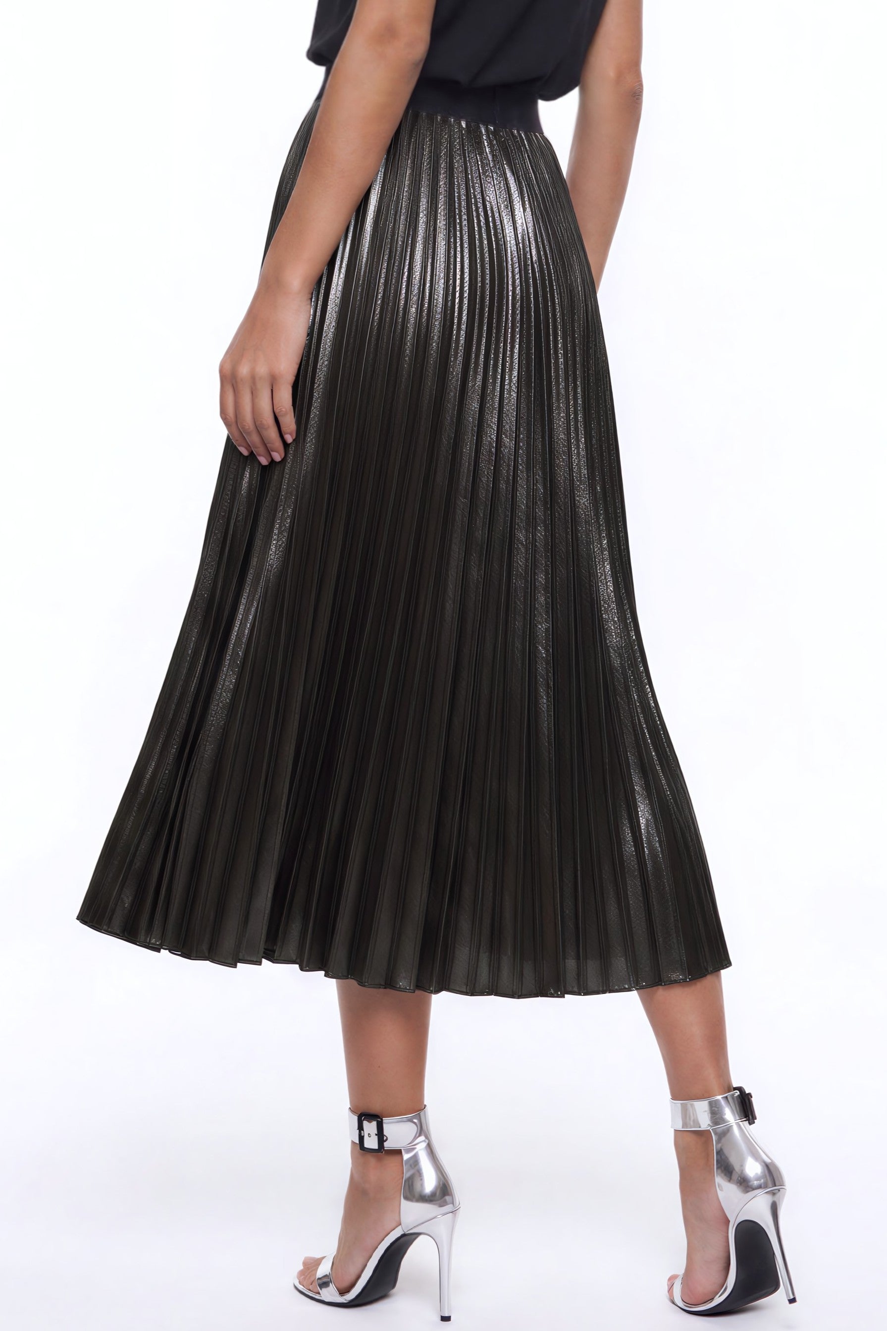 Black Satin Pleated Midi Skirt-3