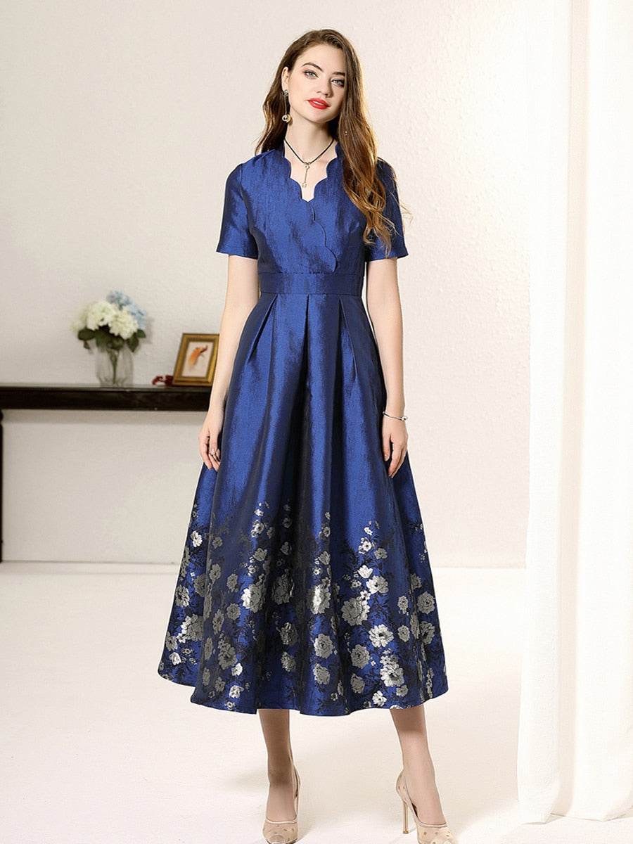 Blue short sleeves floral jacquard A-line mom dress-2