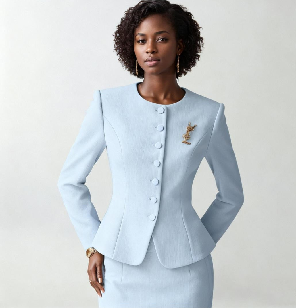 Baby blue peplum skirt suit-1