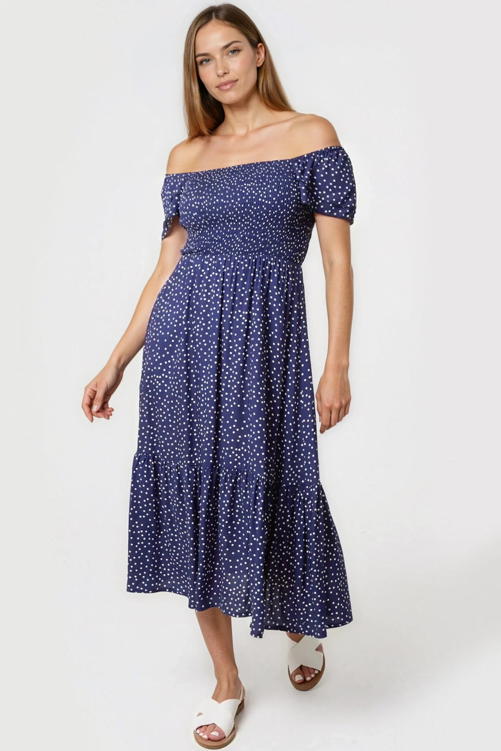 Navy Off‑Shoulder Polka Dot Dress-0