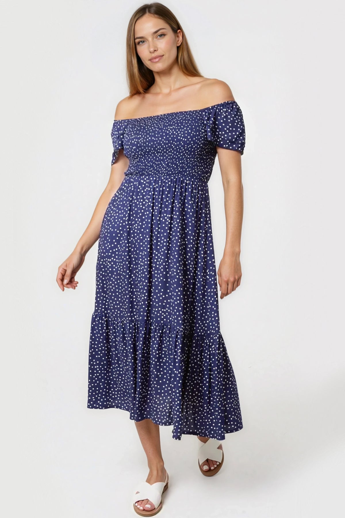 Navy Off‑Shoulder Polka Dot Dress-0