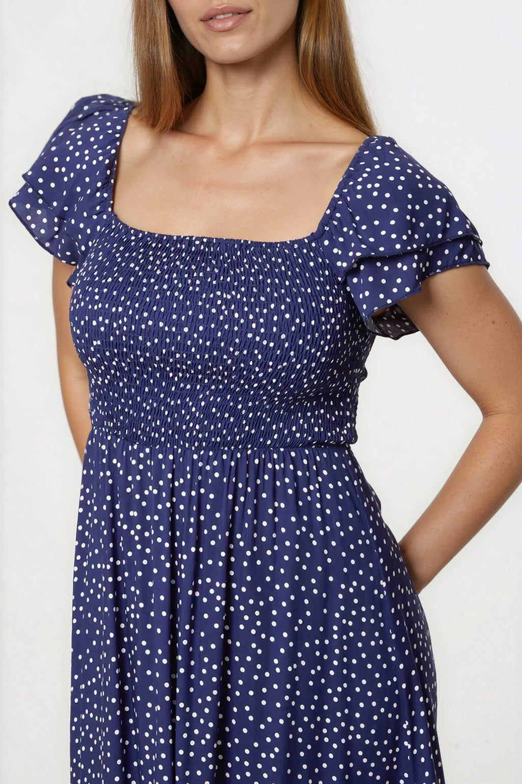 Navy Off‑Shoulder Polka Dot Dress-1
