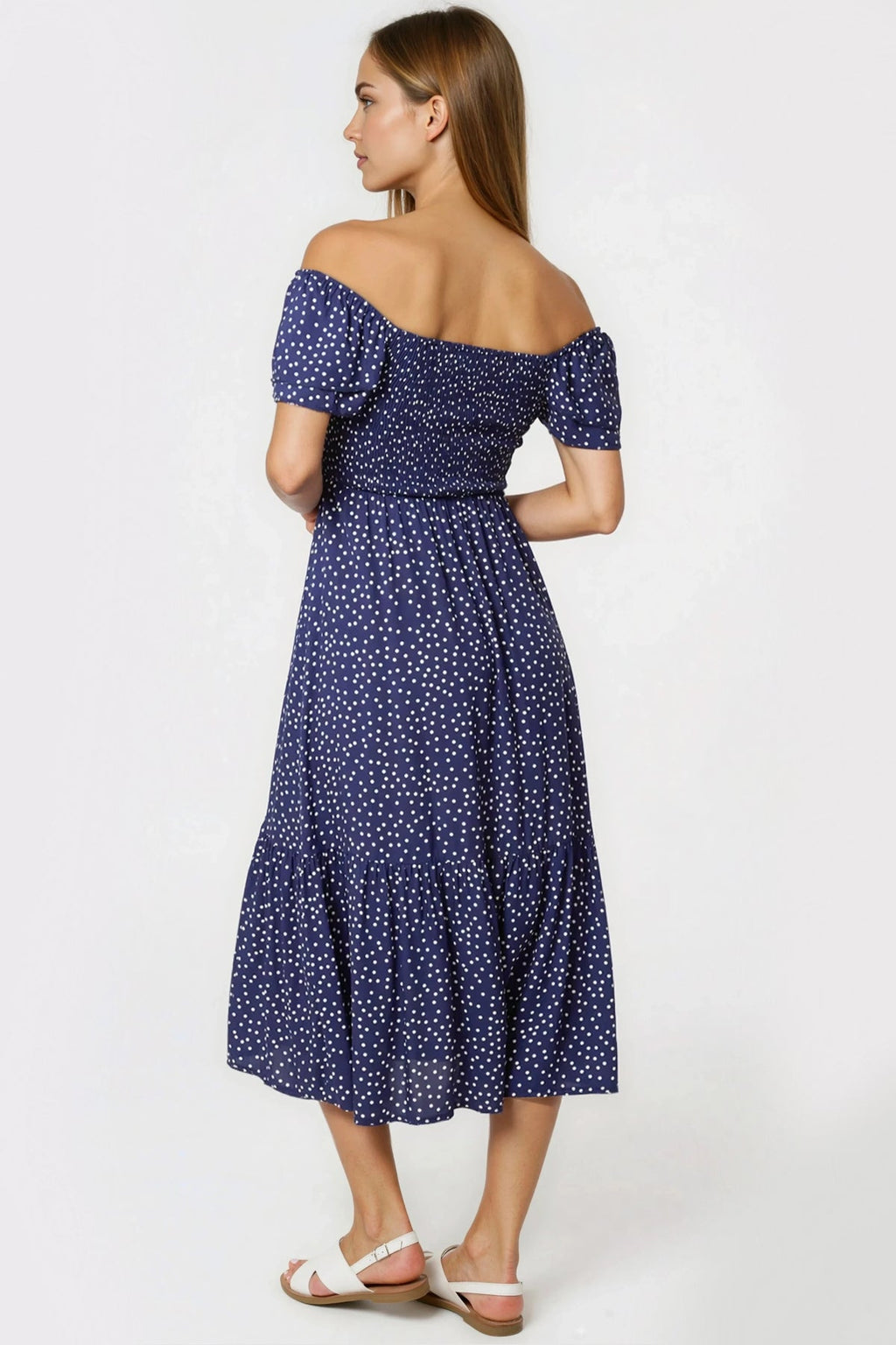 Navy Off‑Shoulder Polka Dot Dress-2