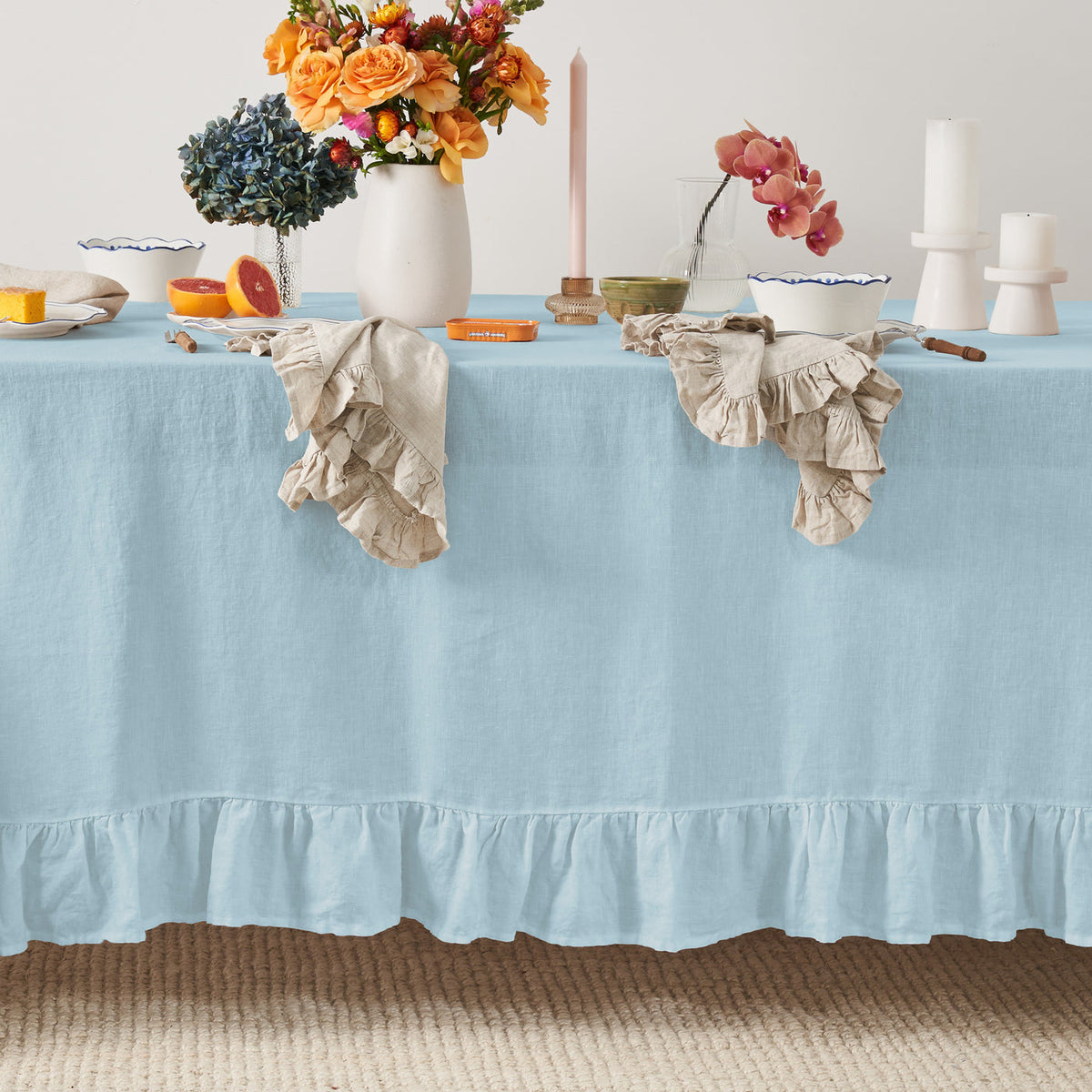 Dusty Blue Linen Table Cloth with Ruffles-1