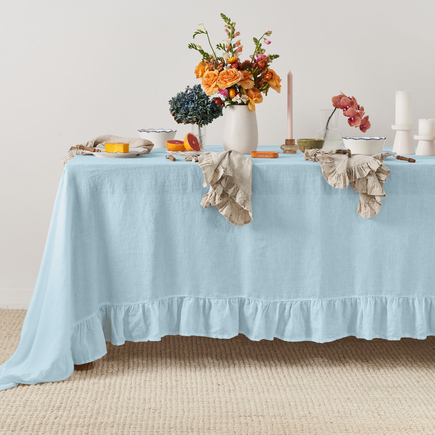 Dusty Blue Linen Table Cloth with Ruffles-2