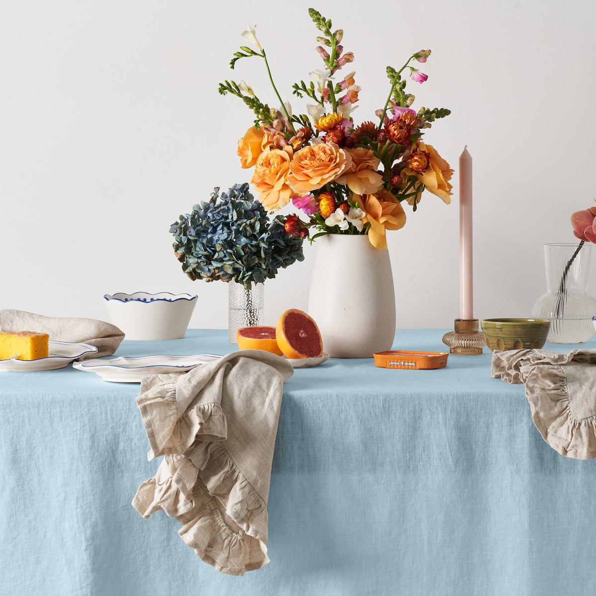 Dusty Blue Linen Table Cloth with Ruffles-3