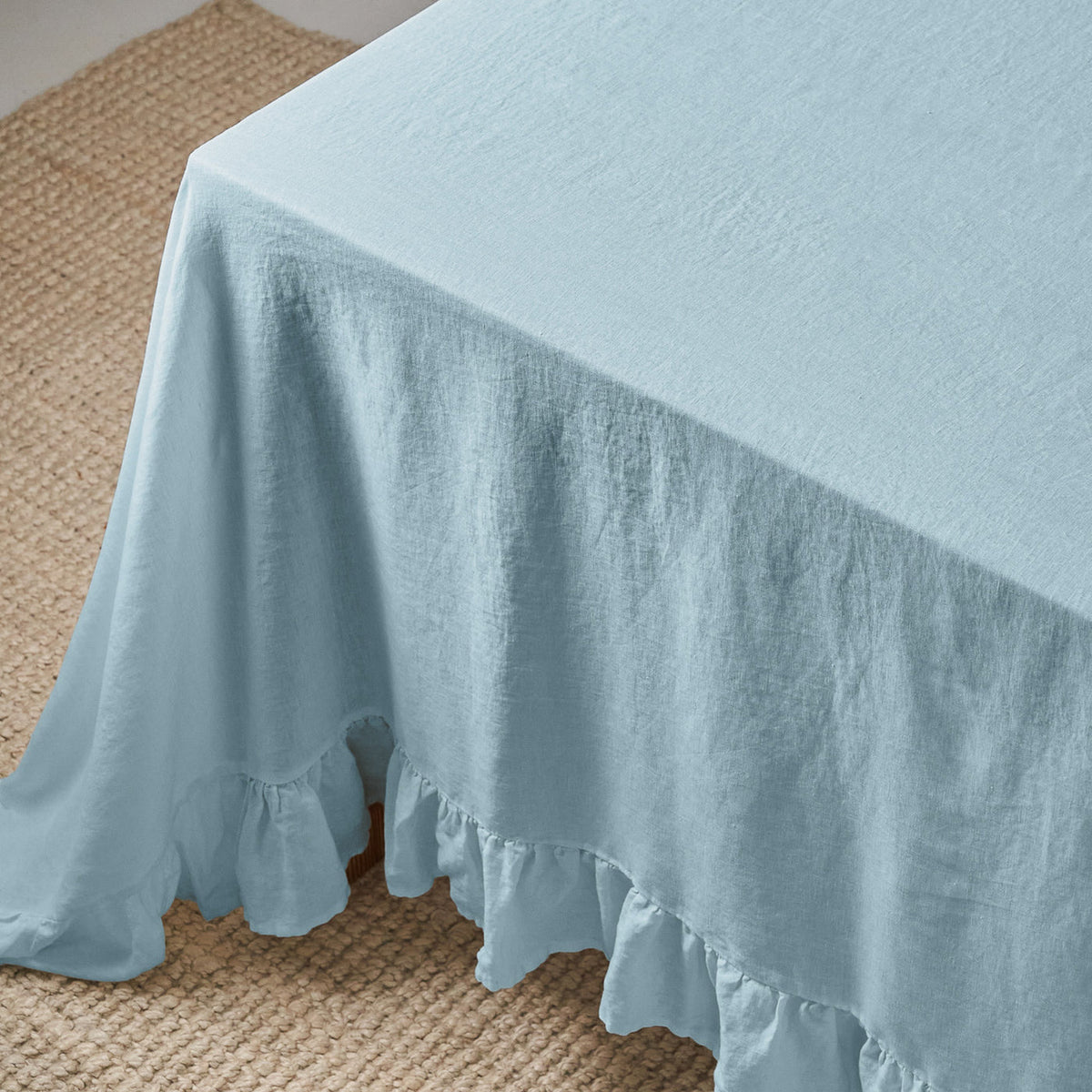 Dusty Blue Linen Table Cloth with Ruffles-0