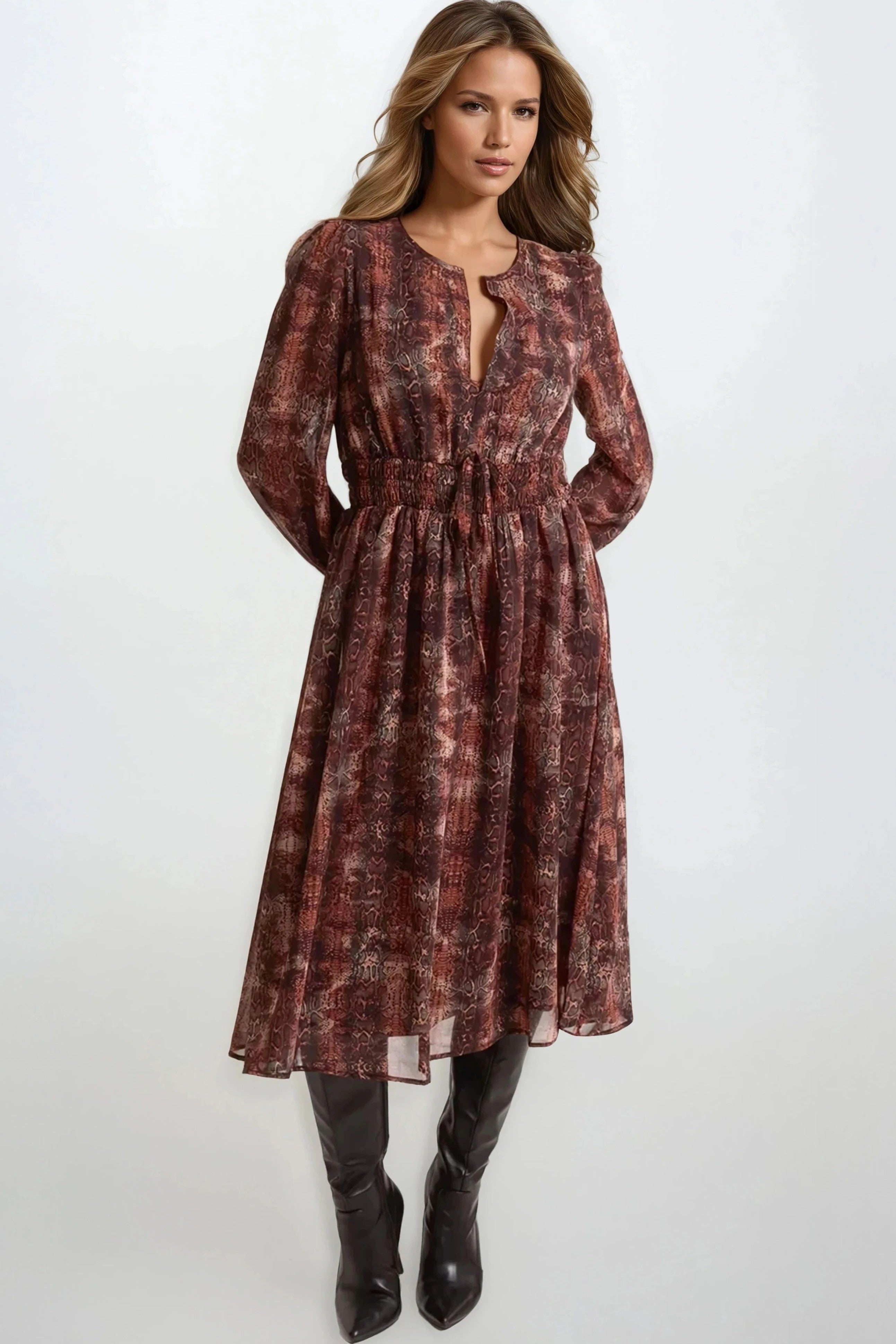 Brown Snake Print Long Sleeve Midi Dress-0
