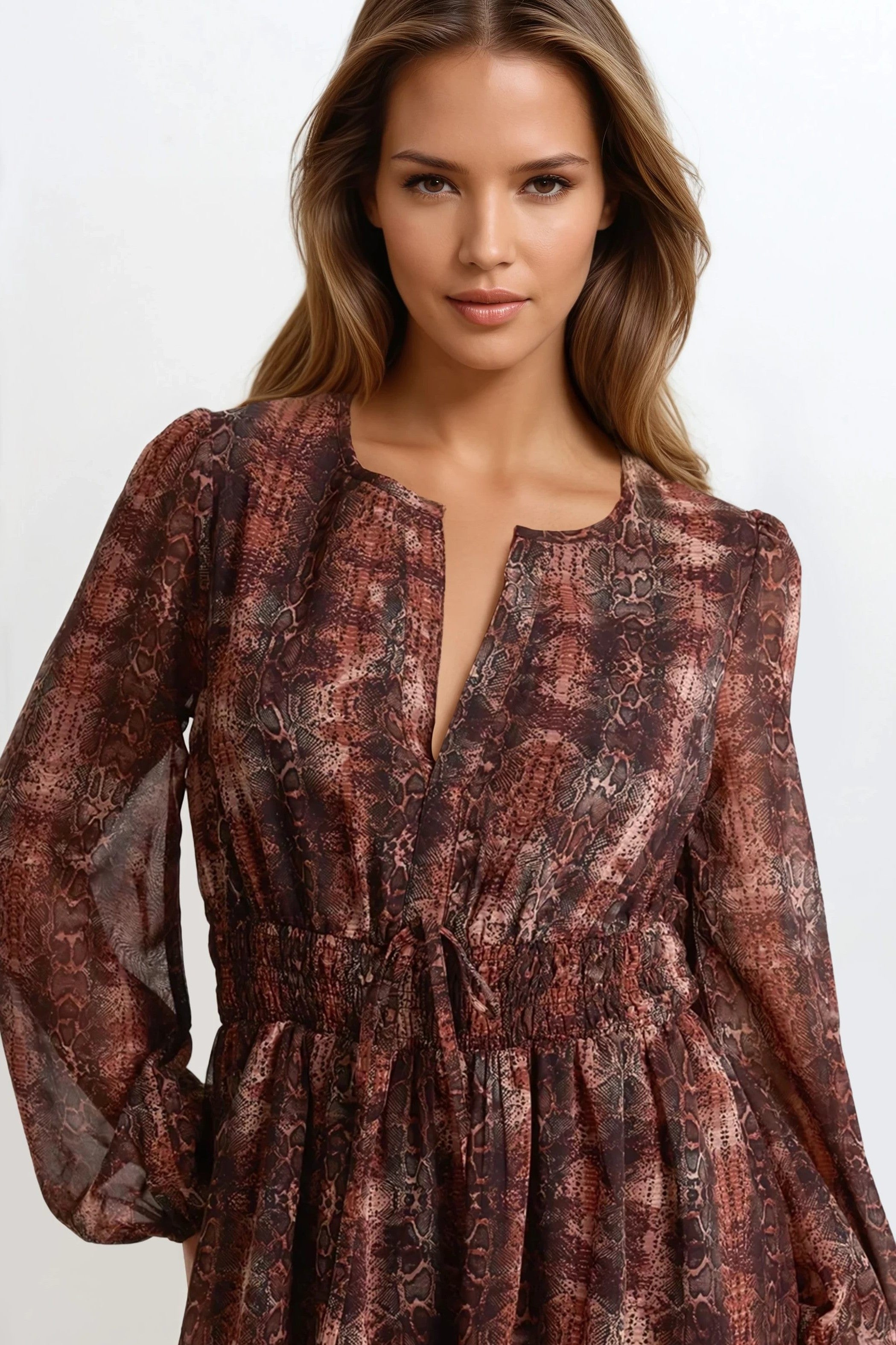 Brown Snake Print Long Sleeve Midi Dress-1