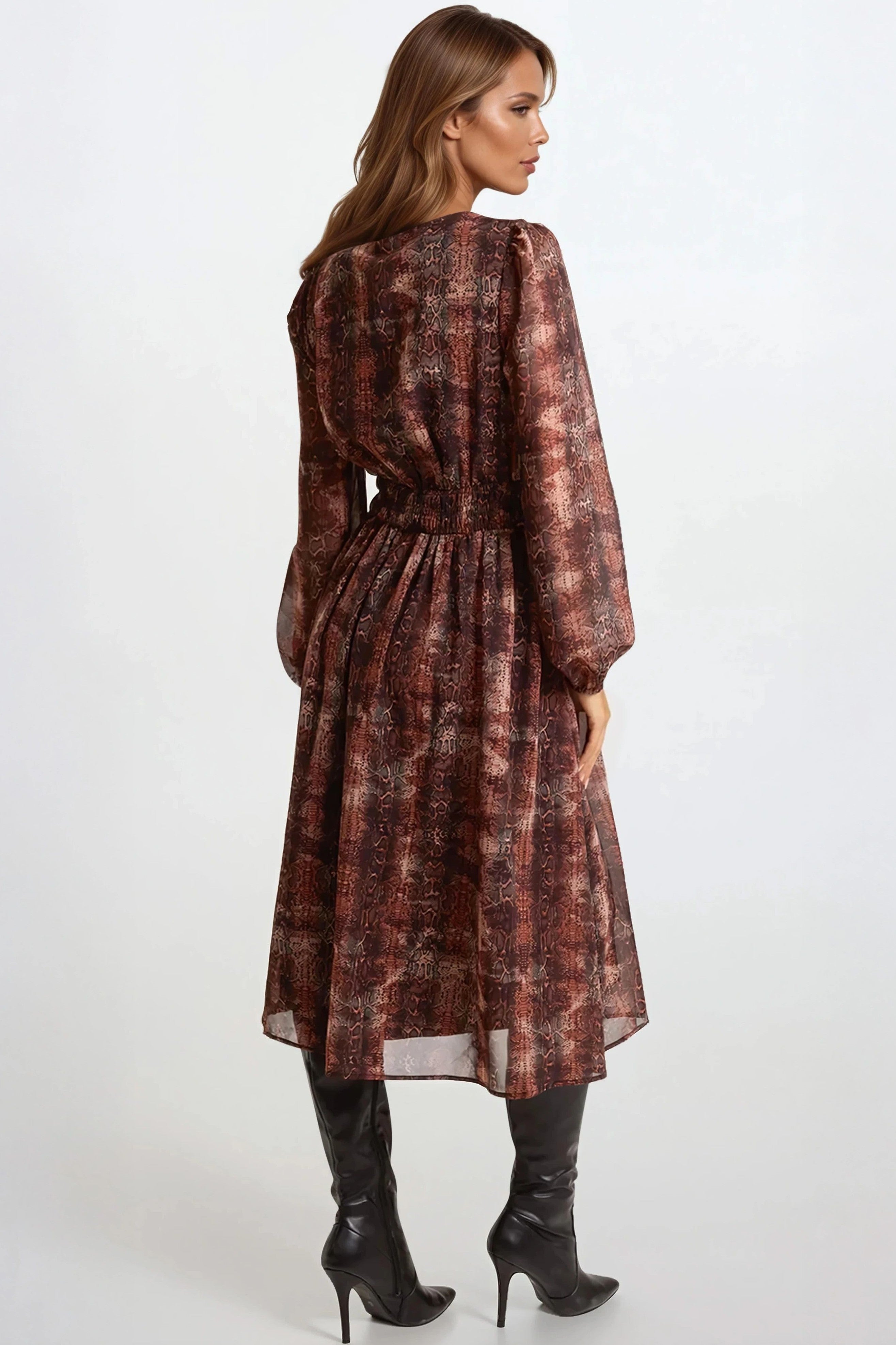 Brown Snake Print Long Sleeve Midi Dress-2