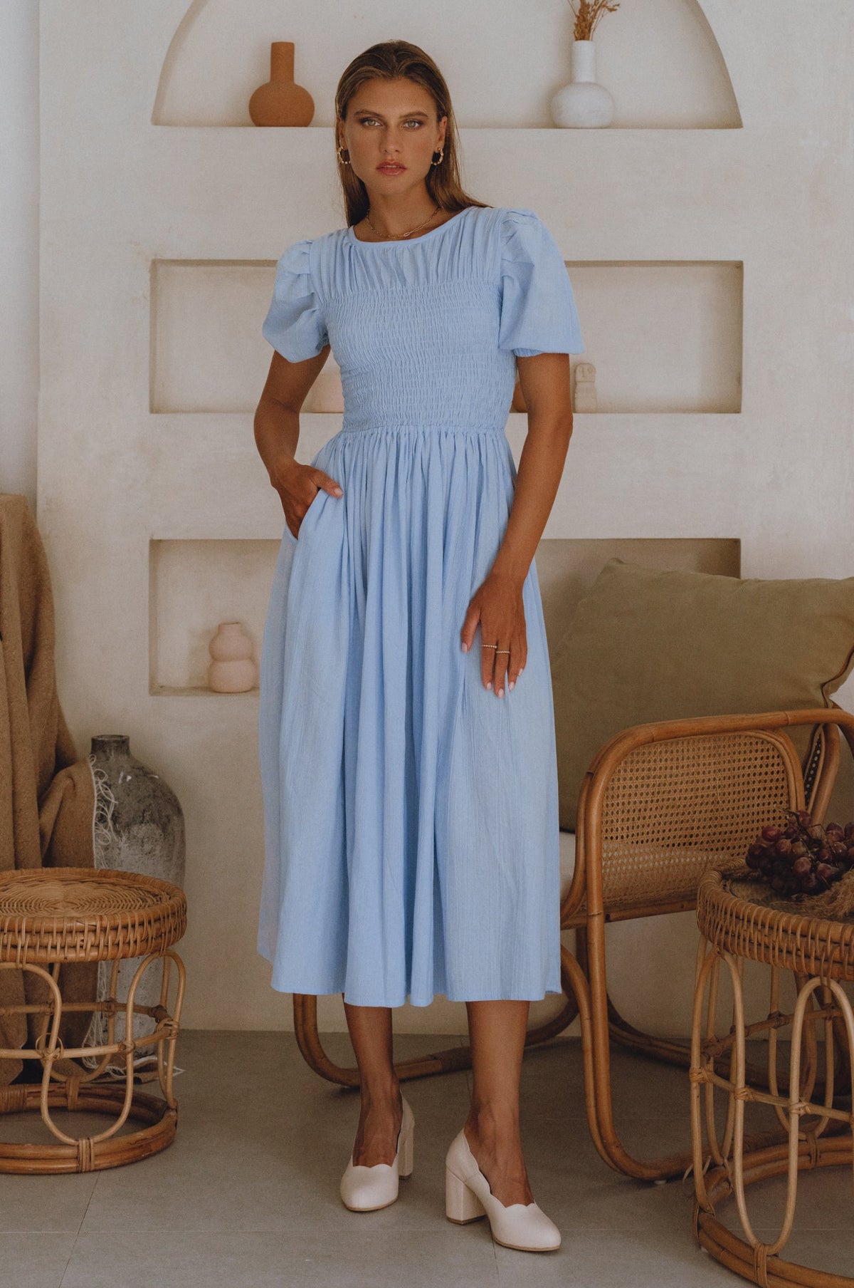 Sophie Smocked Linen Midi Dress-6