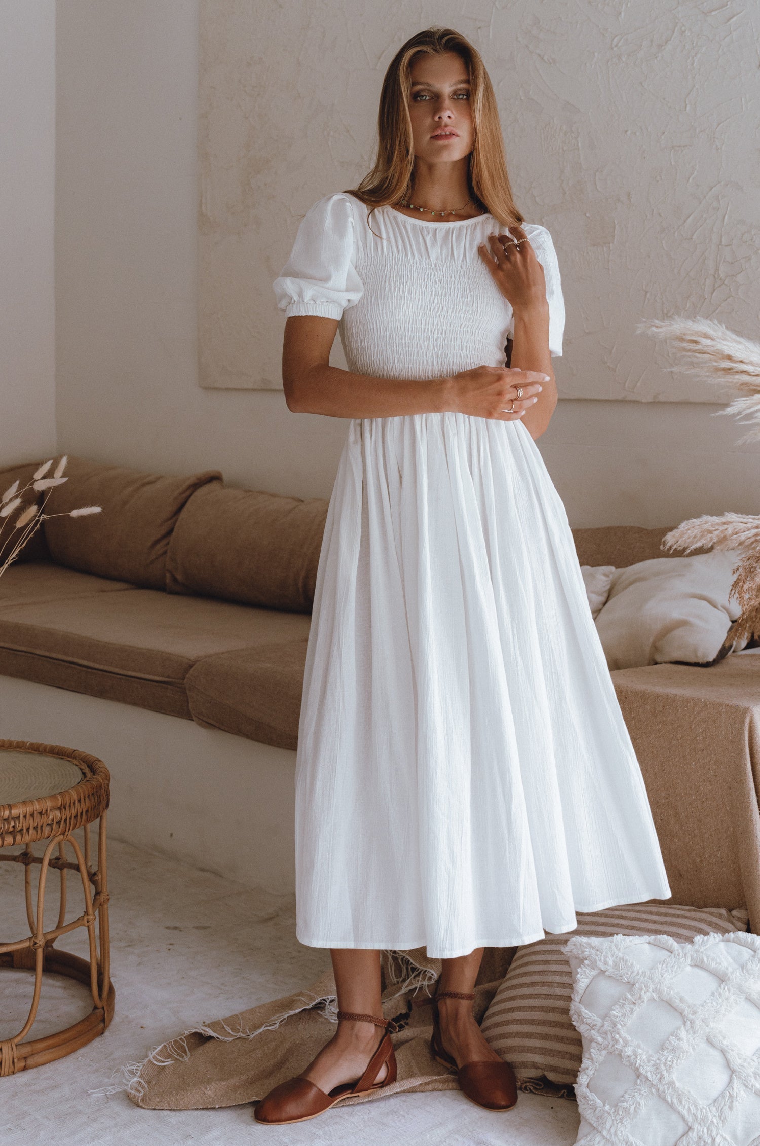 Sophie Smocked Linen Midi Dress-7