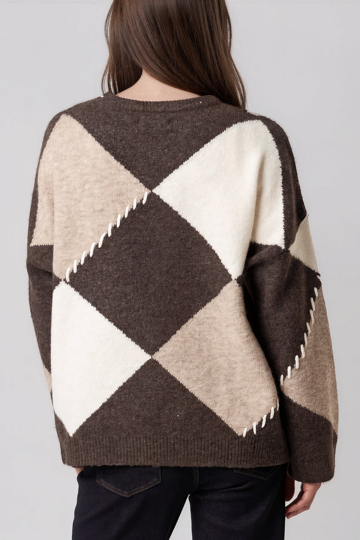 Brown Argyle Wool Blend Jumper-2