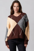 Chocolate Argyle Pattern V Neck Jumper-0
