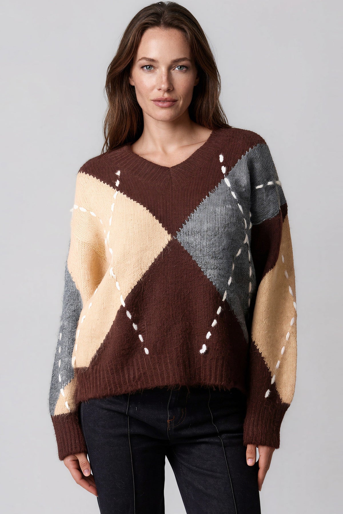 Chocolate Argyle Pattern V Neck Jumper-0