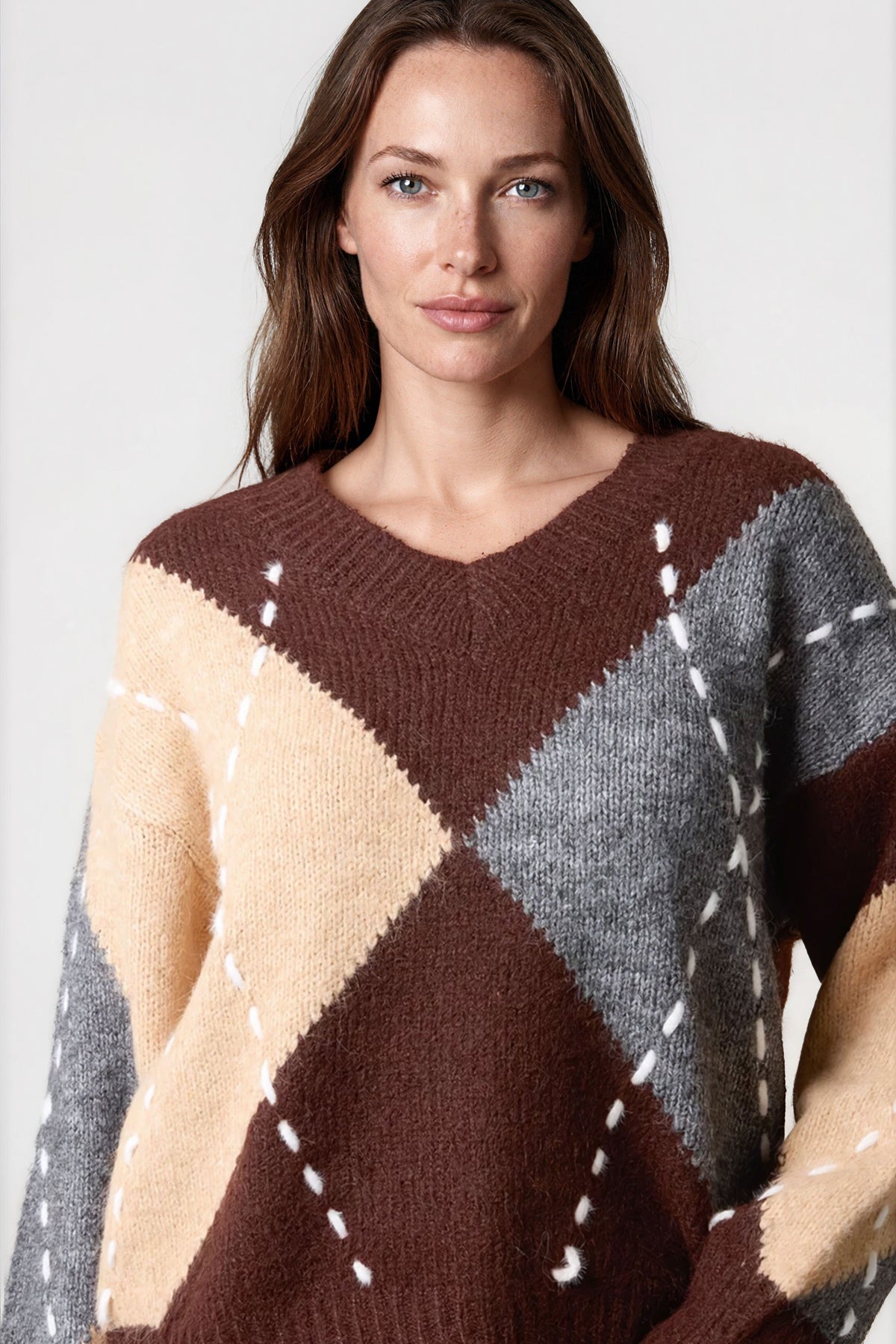 Chocolate Argyle Pattern V Neck Jumper-1