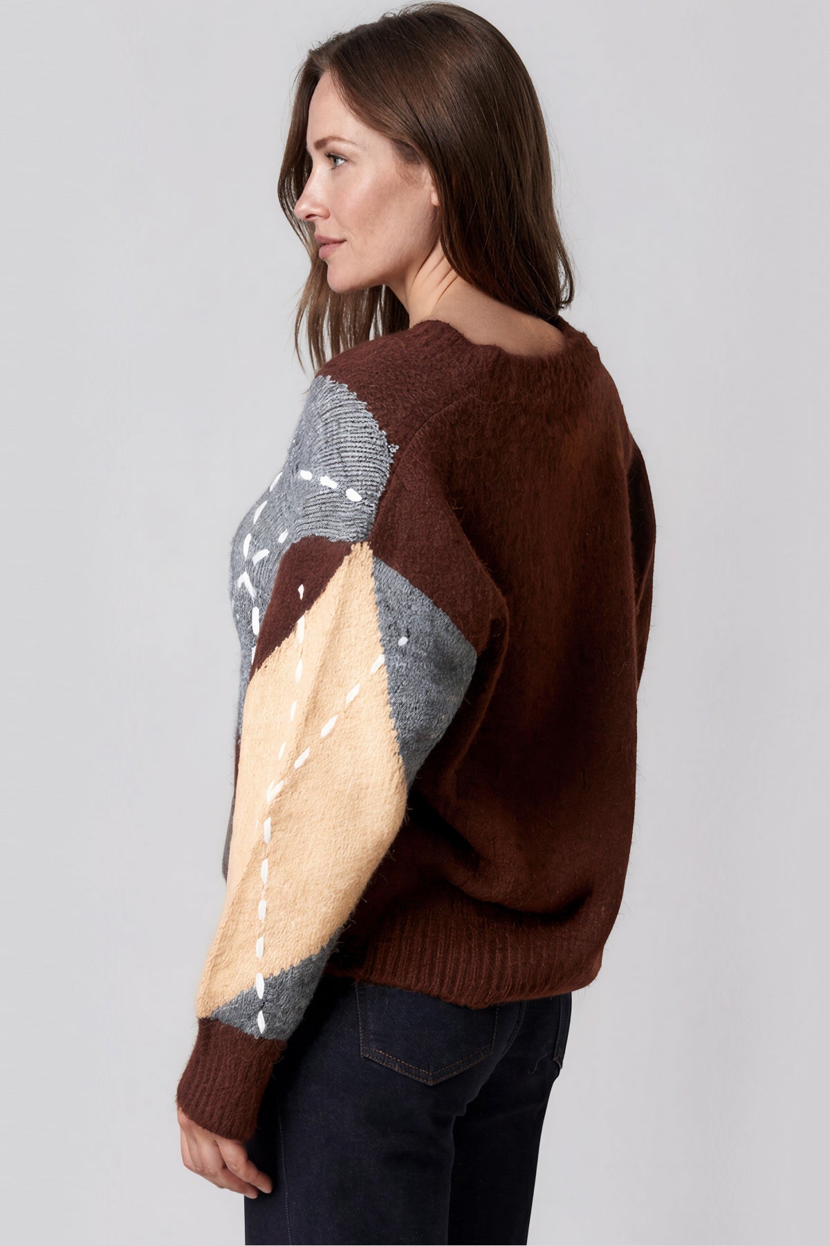 Chocolate Argyle Pattern V Neck Jumper-2