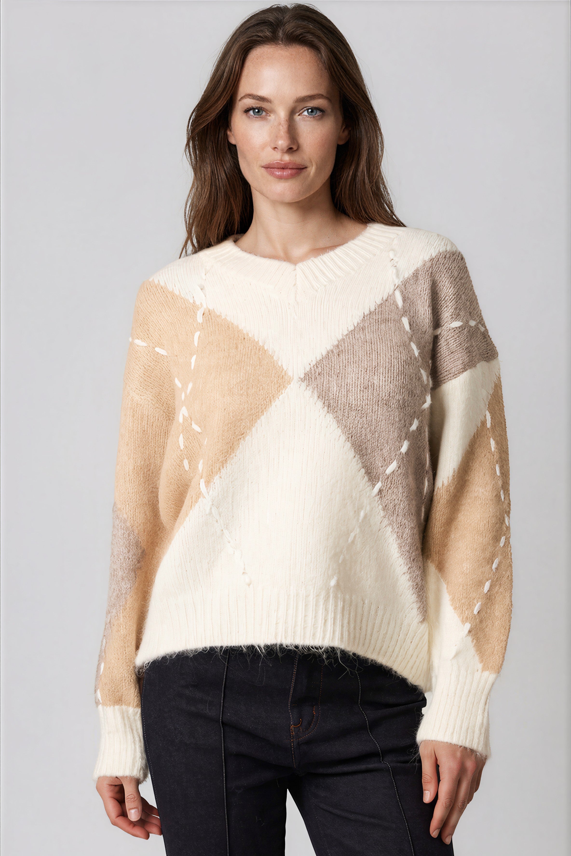 Ivory Argyle Pattern V Neck Jumper-0