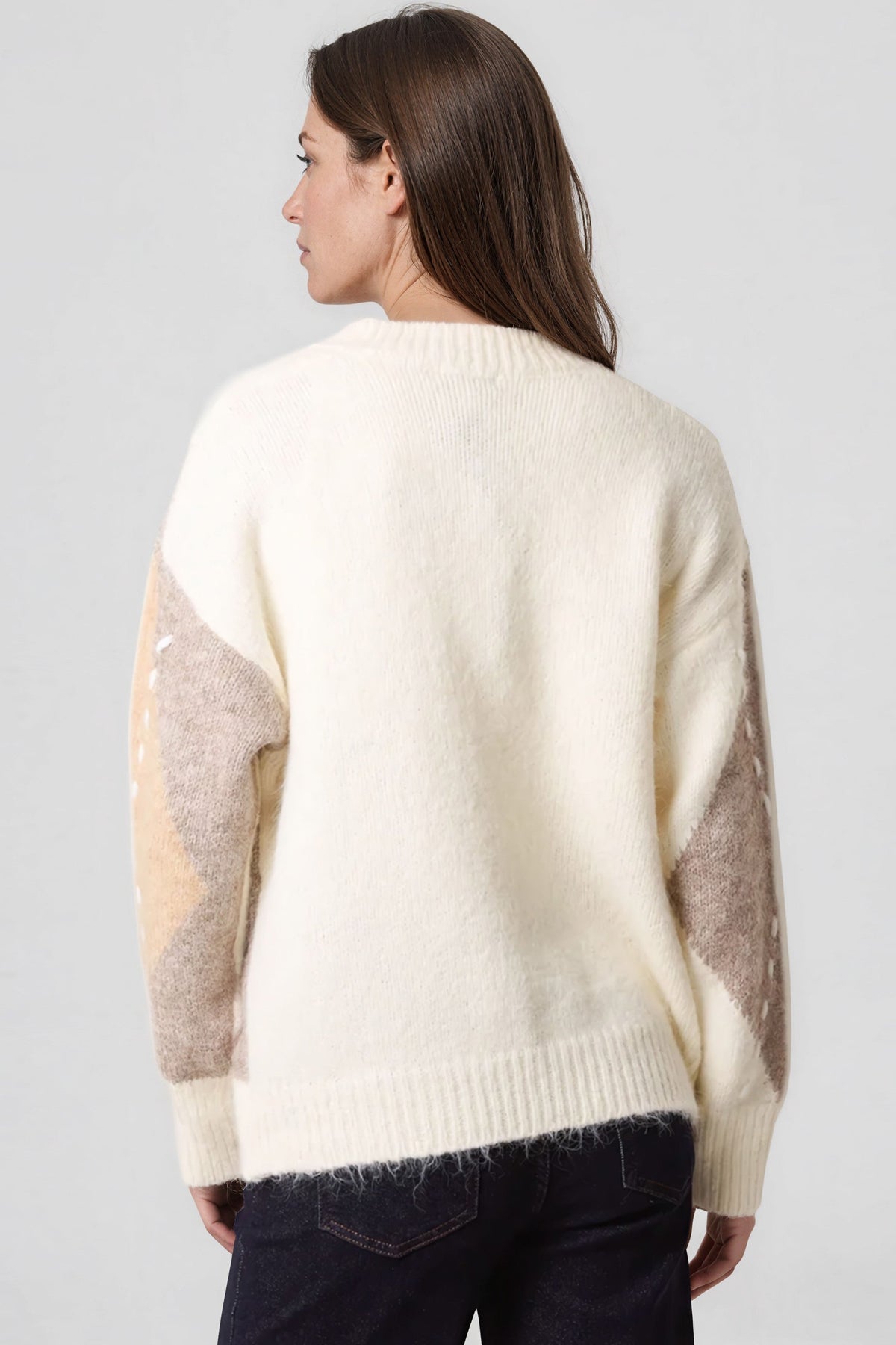 Ivory Argyle Pattern V Neck Jumper-2