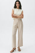 Beige Striped Linen Blend Trousers-0