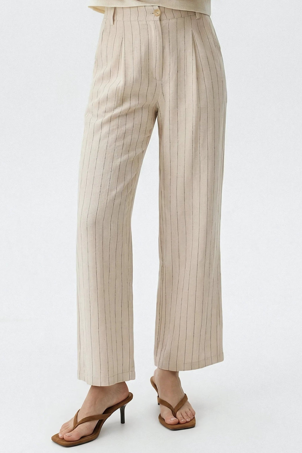 Beige Striped Linen Blend Trousers-1