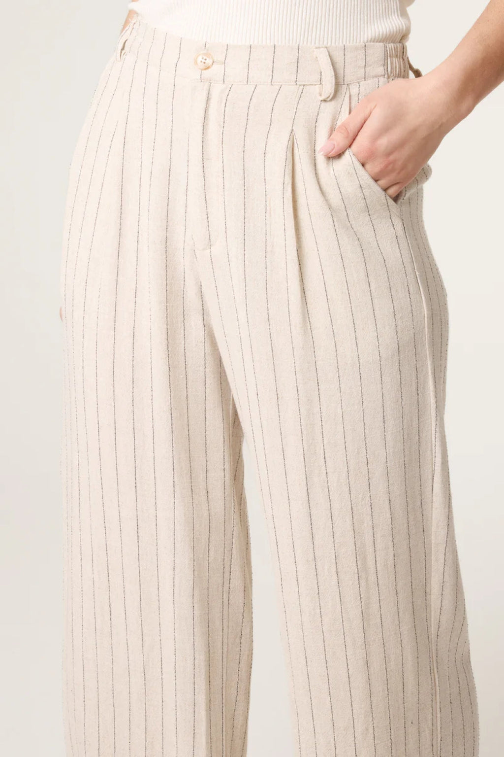 Beige Striped Linen Blend Trousers-2