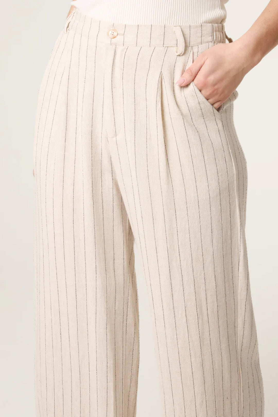 Beige Striped Linen Blend Trousers-2
