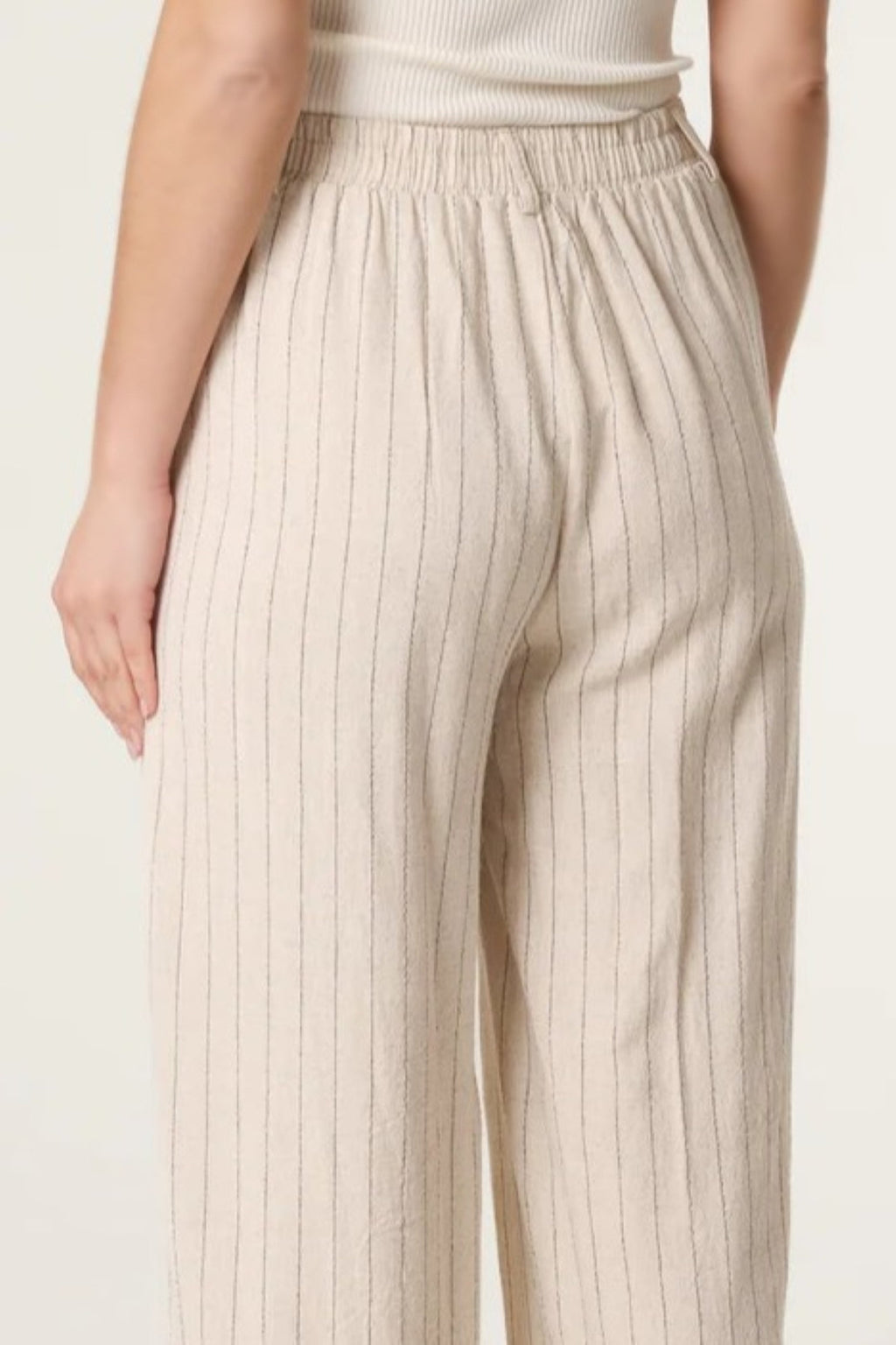 Beige Striped Linen Blend Trousers-3