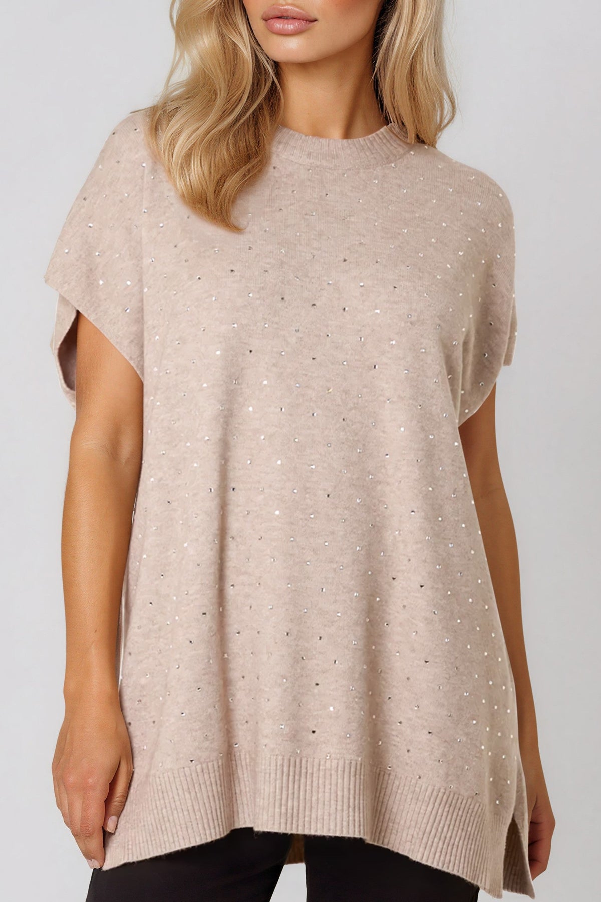 Beige Embellished Short Sleeve Knit Jumper-1