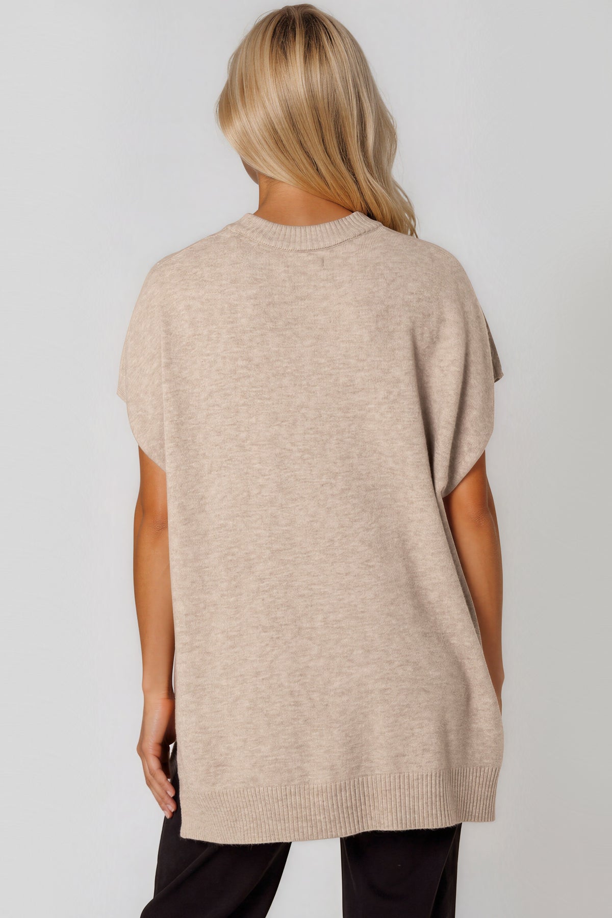 Beige Embellished Short Sleeve Knit Jumper-2