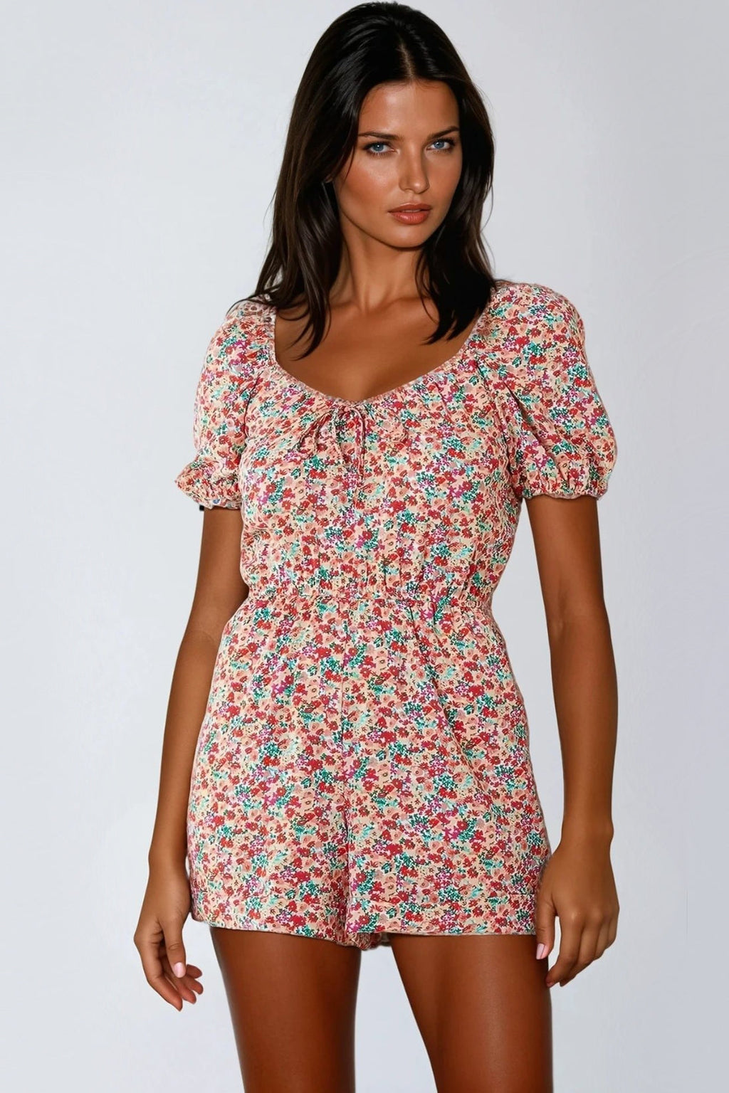 Pink Floral Sweetheart Neckline Playsuit-0