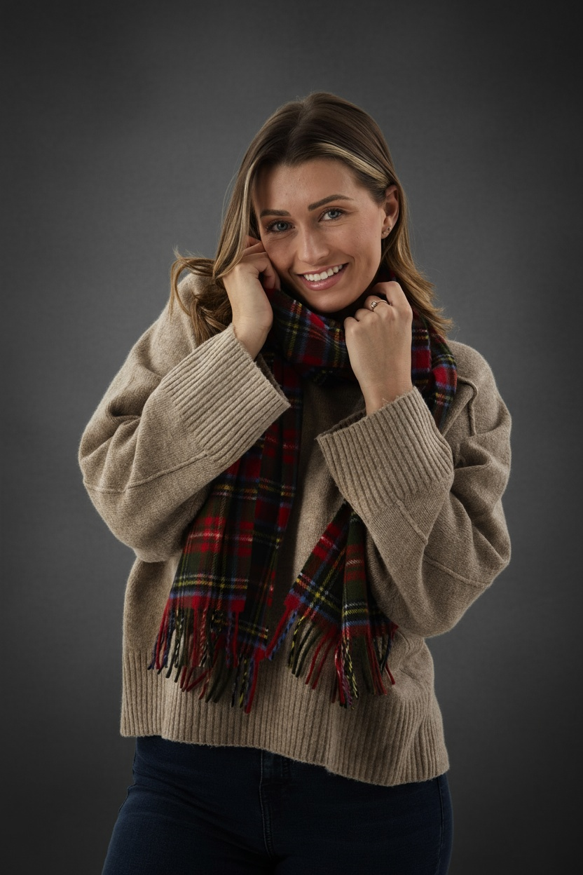 Red Check Tartan Lambswool Scarf-0