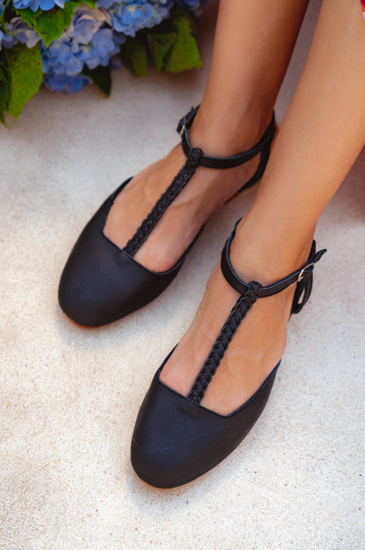 Tresser Braided T-Strap Leather Flats (Sz. 10)-1