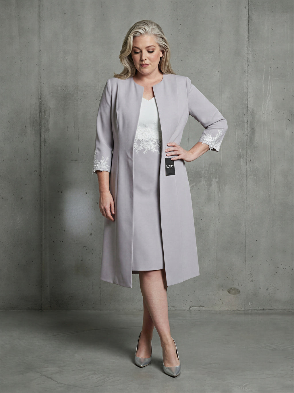 Grey and White 2-Piece Knee Length Sheath Bride Dress Suit-1