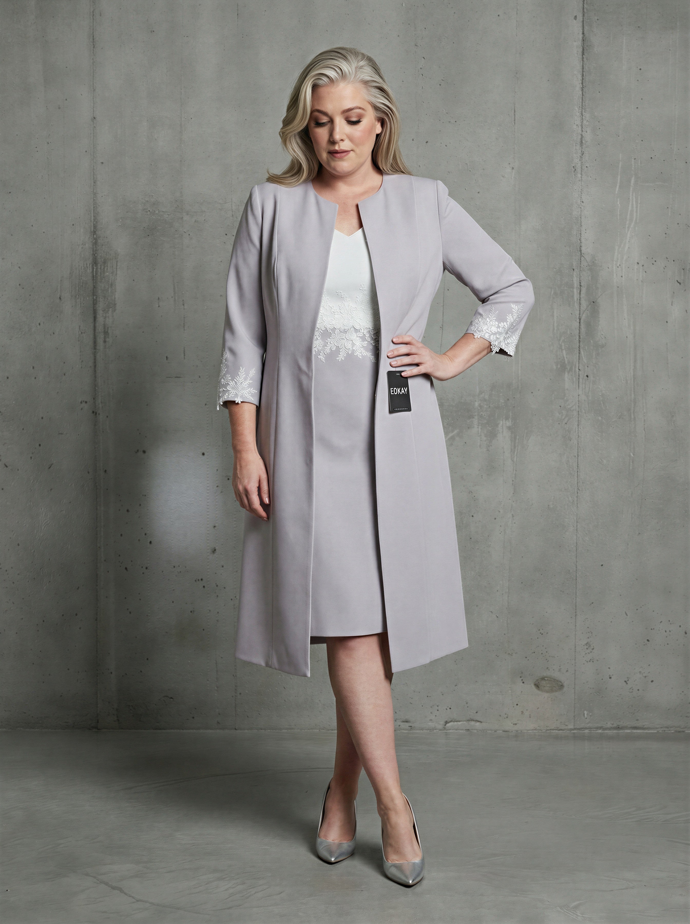 Grey and White 2-Piece Knee Length Sheath Bride Dress Suit-1